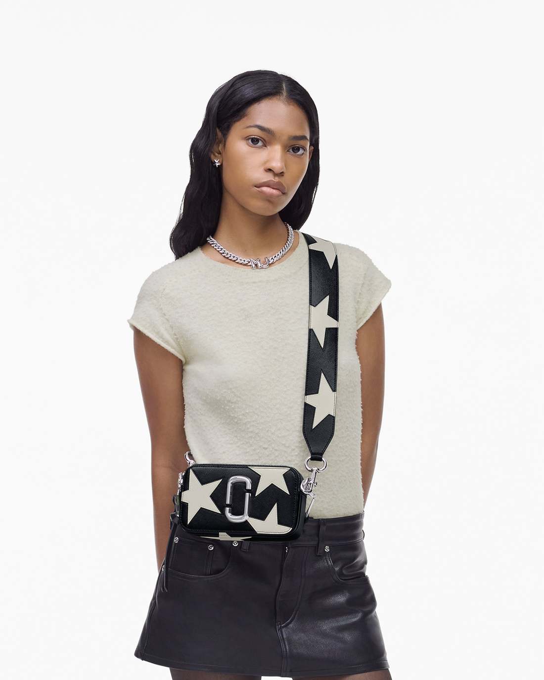 Marc Jacobs Sale - The Star Patchwork Leather Snapshot Black/White